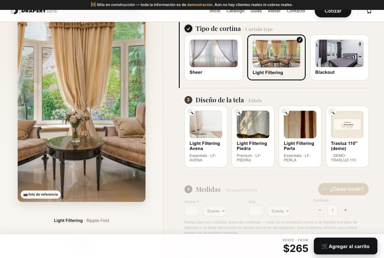 Configurador de Drapery Life con el tipo Light Filtering seleccionado y las telas Avena, Piedra y Perla